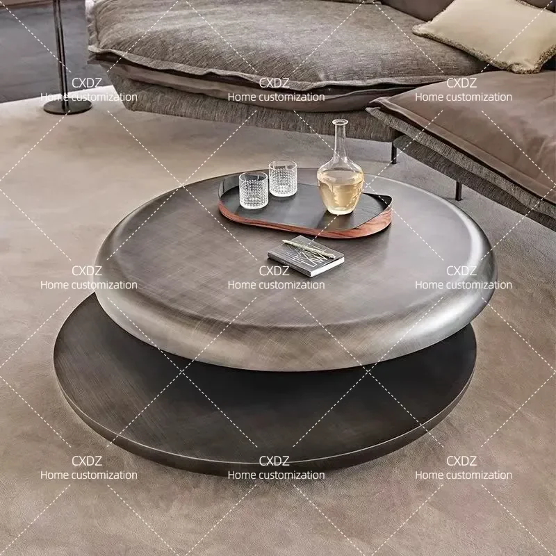 Minimalist Stainless Steel Double Layer Rotating Round Coffee Table for Small Apartment Living Room Home Furniture