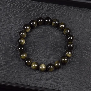 Natural Golden Obsidian Pedra Beads Pulseira, Pedra Raw Rodada Bead, Luz Arco-íris, Energia Jóias para Homens e Mulheres 10 principais vendas obsidiana pulseira - №5