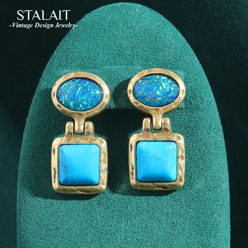 

Vintage Opal Earrings Square Blue Turquoise Jewelry Luxury Opal Natural Stone Drop Dangle For Woman 2025 High Quality Designer