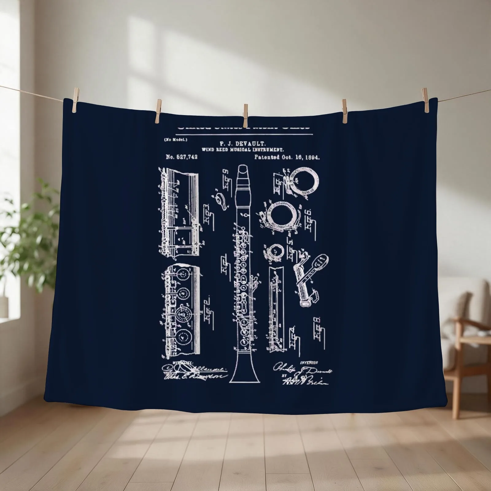 Clarinet Patent White Throw Blanket couch cozy soft plush fuzzy picnic outdoor blanket