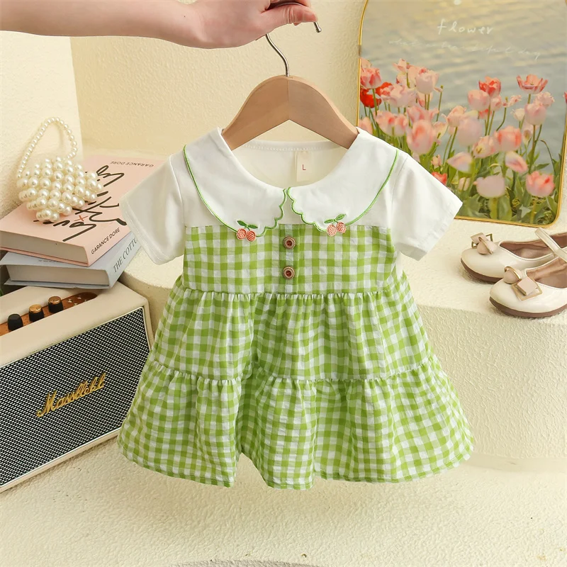 Summer New Small Fresh Plaid Baby Girl Dress, Sweet And Cute Cherry Collar Children\'S Short Sleeved Clothes (6-24 Months)