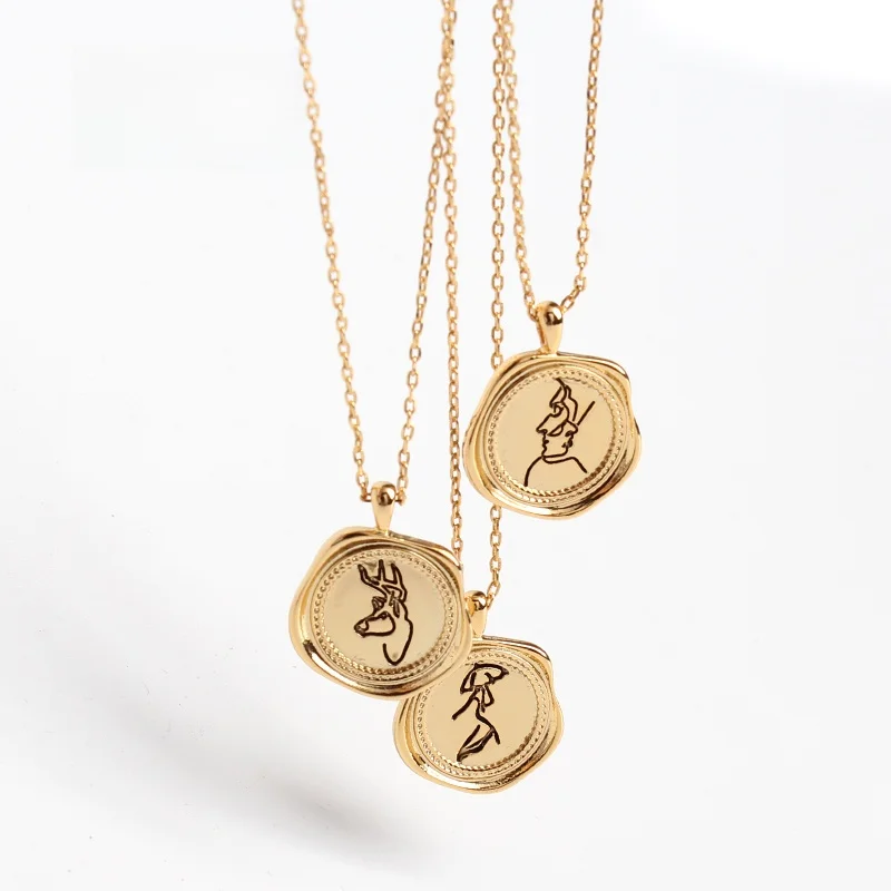 Sumni 18K Gold Plated Abstract Art round Coin Lockbone Chain Necklace for Women Elegant Fashionable Simple Design Alloy Pendant