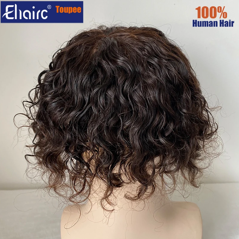 Brown Color Curly Toupee For Men Mono Hair System Unit for Men Durable Male Hair Prosthesis 100% Human Hair Men\'s Wig