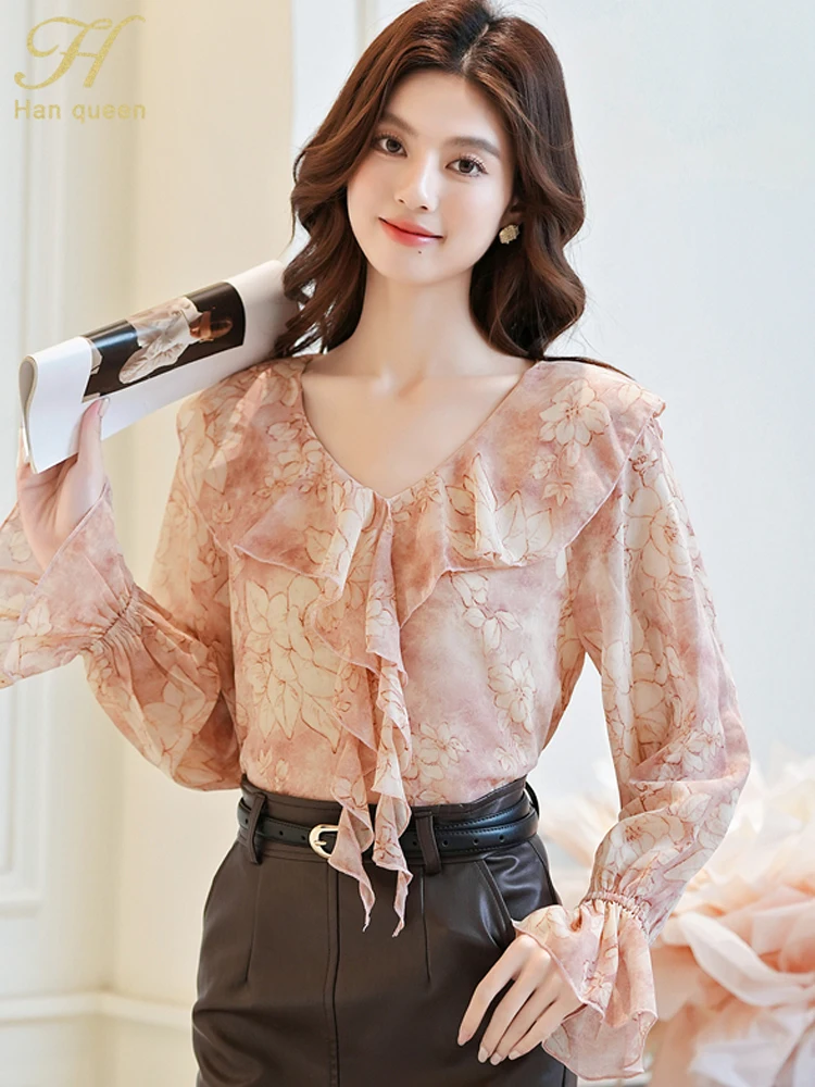 

H Han Queen Autumn Ruffles V-Neck Print Shirt & Blouse Vintage Tops Chiffon Long Sleeve Casual Blouses Korean Women's Clothing