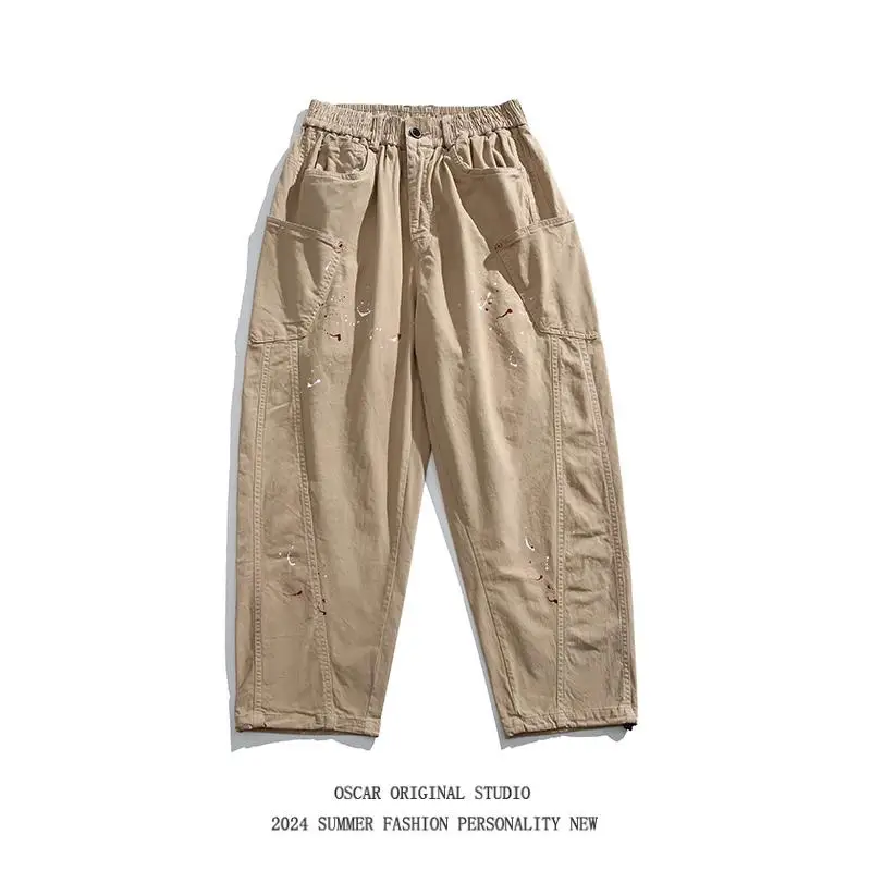 

American Retro Heavyweight Multi-ket Painted Waed Work Pants Men's Trendy Brand Loose Large Size Pure Cotton Casual Pants