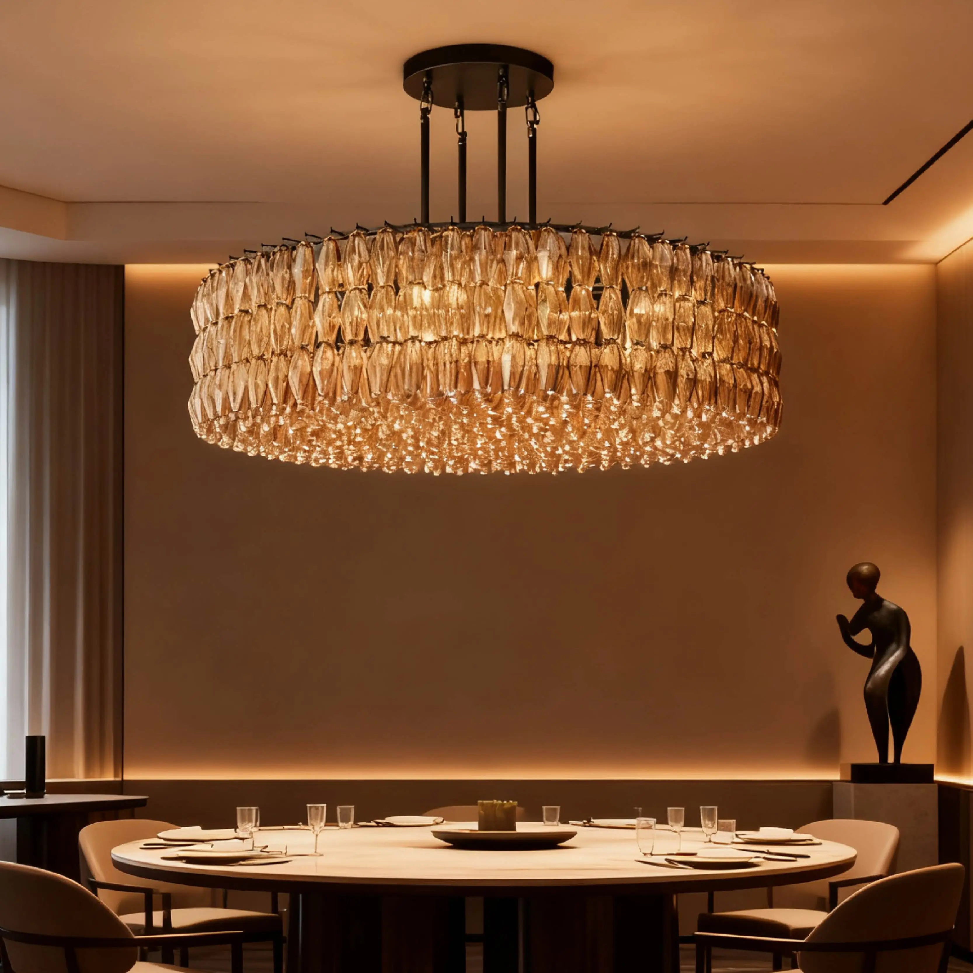 

REVEN Modern Dimmable Pendant Light Ring Shape Amber Glass Hardware Adjustable Three Color Temperature for Hotel Villa Staircase