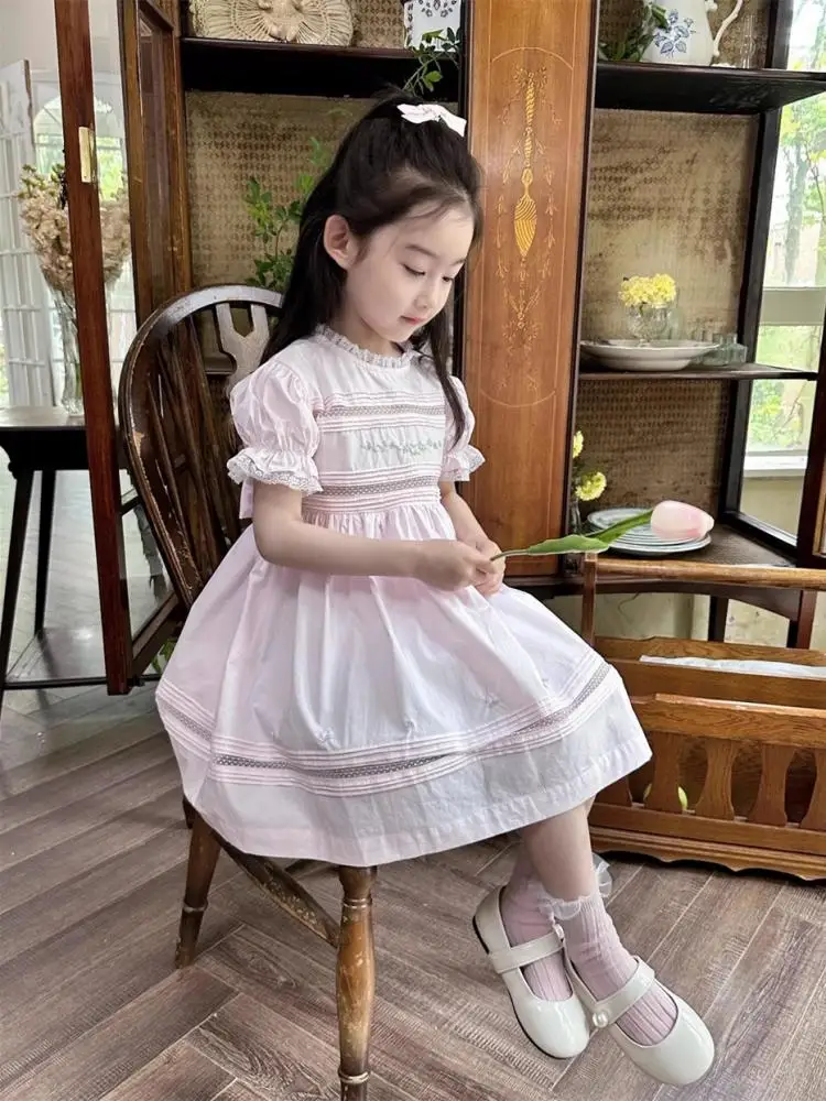 2024 New Handmade Flowers Embroidered Girls Dress Lace Sweet Smocking Dresses A-Line Short Sleeves Children Girl Elegant Frocks