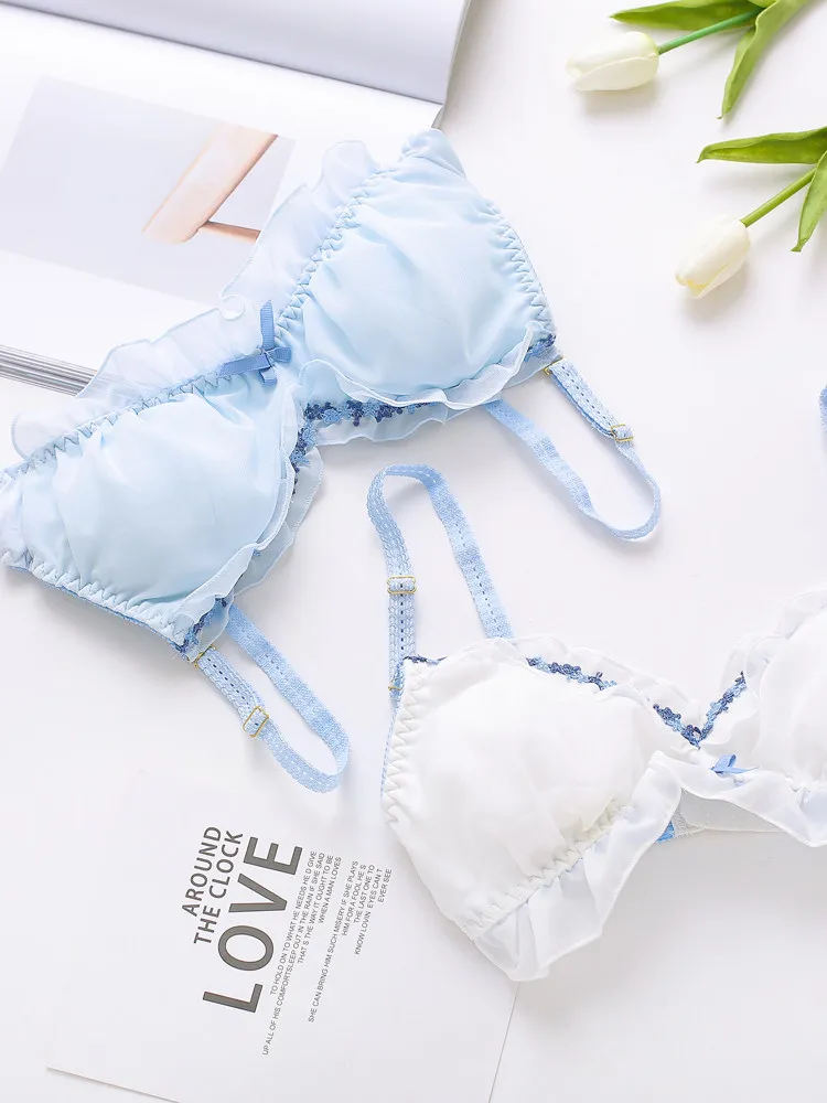 Japanese-style fresh chiffon thin triangular cup wireless bra set, cute lace youthful sexy lingerie