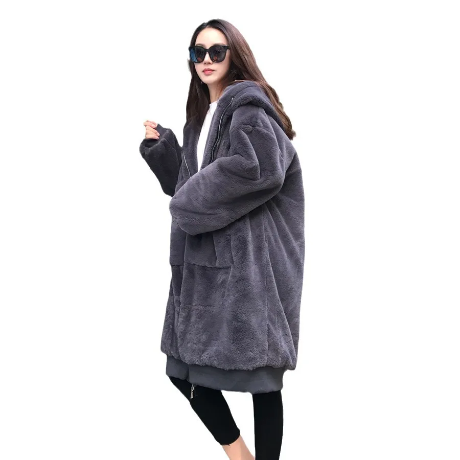

Зимняя длинная куртка из кроличьего меха большого размера, женское пальто с капюшоном, новая модель с молнией, утепленная, теплая, плюшевая одежда.