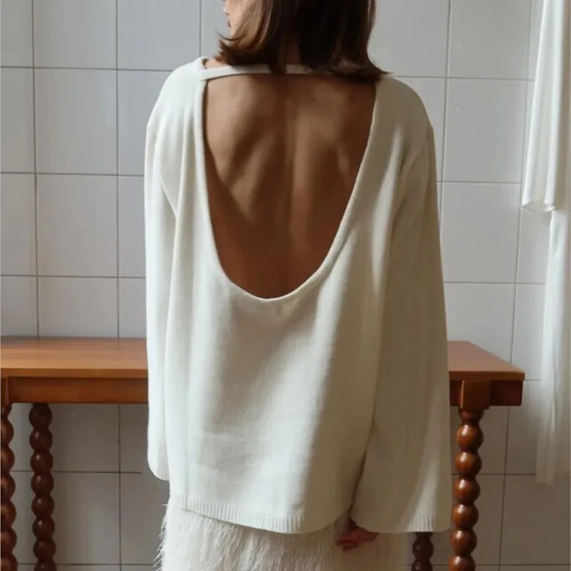 Women's Knit Round Neck Backless Long Sleeves Pullover Autumn Winter Casual Fashionable Daily Commuting Solid Color Sweater