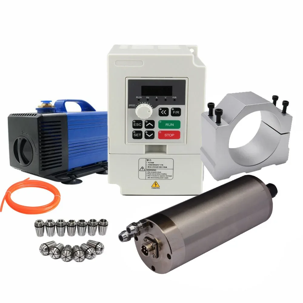 CNC Spindle Motor Kit Water Cooled 80mm 1.5kw ER16 with 1.5kw VFD +80mm Clamp+13pcs Er16 Collets+80w Water Pump
