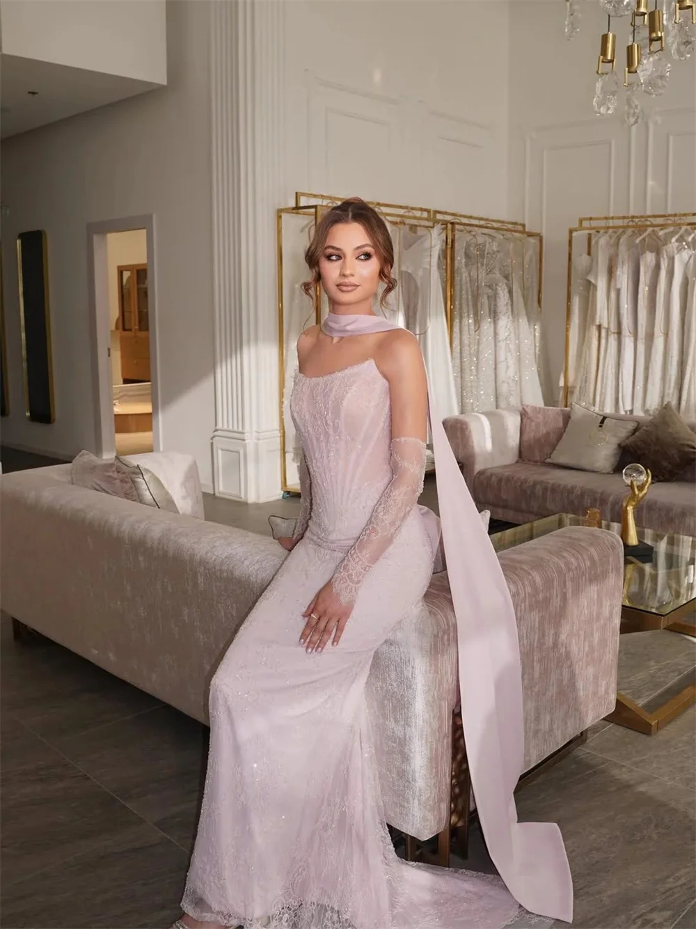 Cathy Customize Exquisite Pink Lace Mermaid Prom Dress With Scarf Brush Train vestidos de noiva Corset Detachable Train Formal