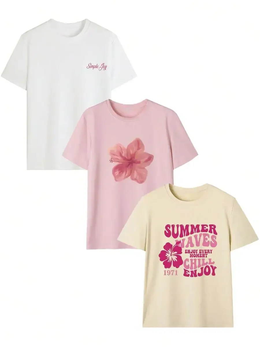 2026 Fashion New Women 3Pcs Multipack Crew Neck Short Sleeve T-Shirt, Retro Hibiscus Floral & Summer Waves Graphic Print, Coconut Girl Y2K Aesthetic Summer Casual Basic Top Tee