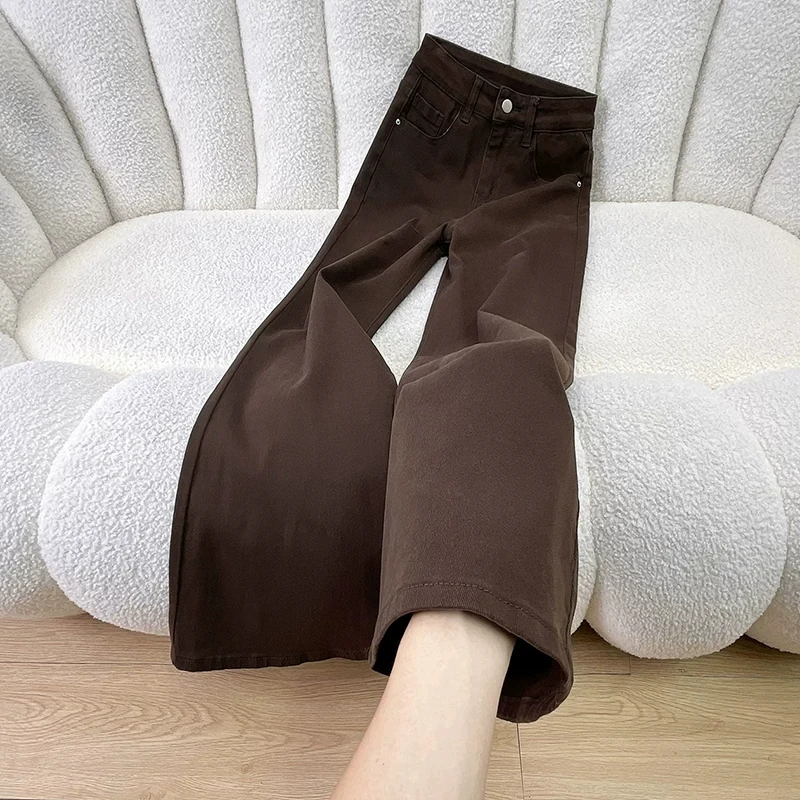 American Style High Waist Wide Leg Jeans Women's Coffee Color Autumn Small Size Narrow Version Bell Bottoms Cotton Stretch Denim