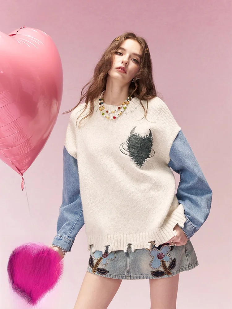 

Ретро-джемпер из денима с пэчворком, новогодний шерстяной свитер для женщин, уютный, элегантный, зимний, повседневный, с круглым вырезом, длинный рукав