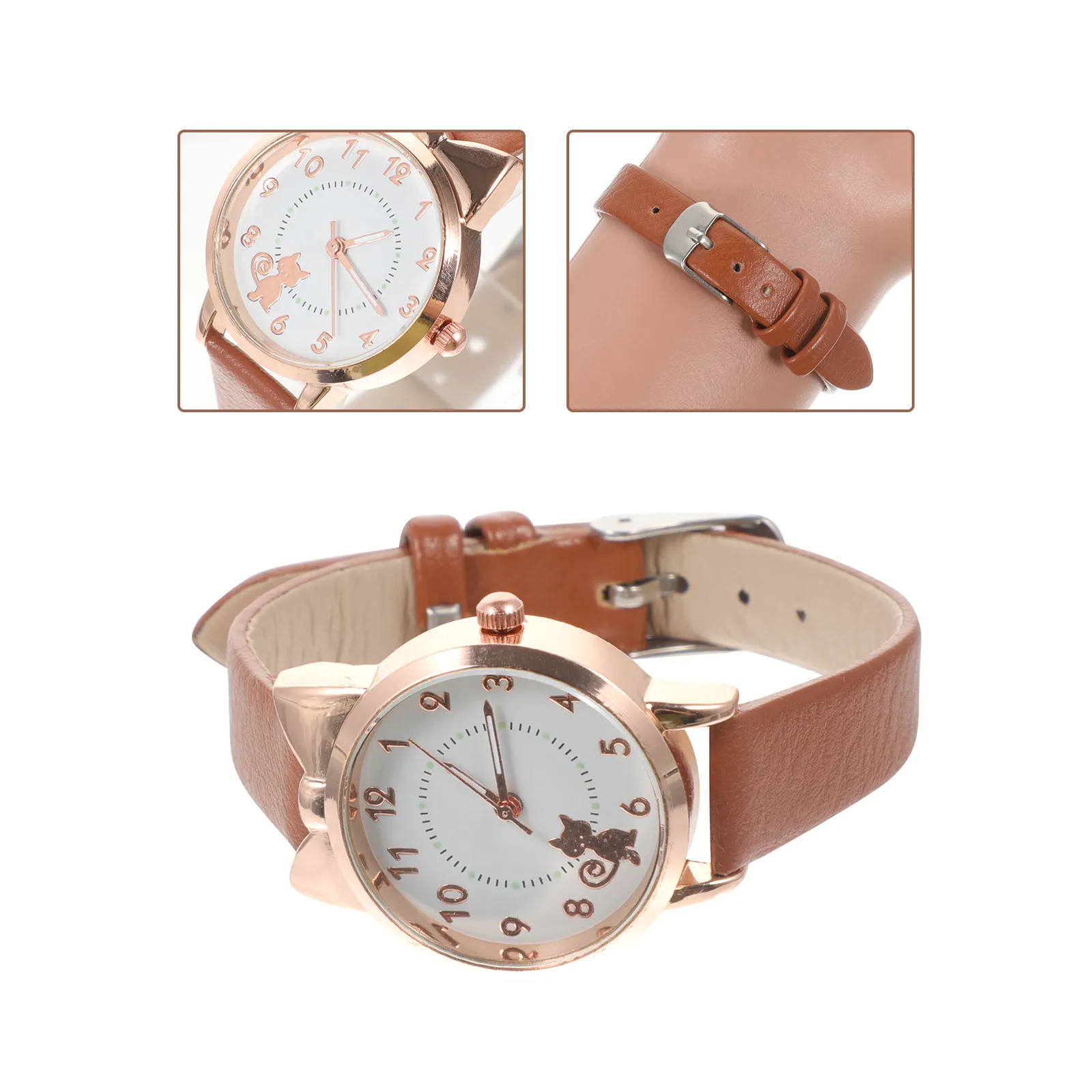 1Pcs Night Glowing Student Quartz Watch Fashion Cartoon Kitten Design Girls Wristwatch Cute Strap Watch