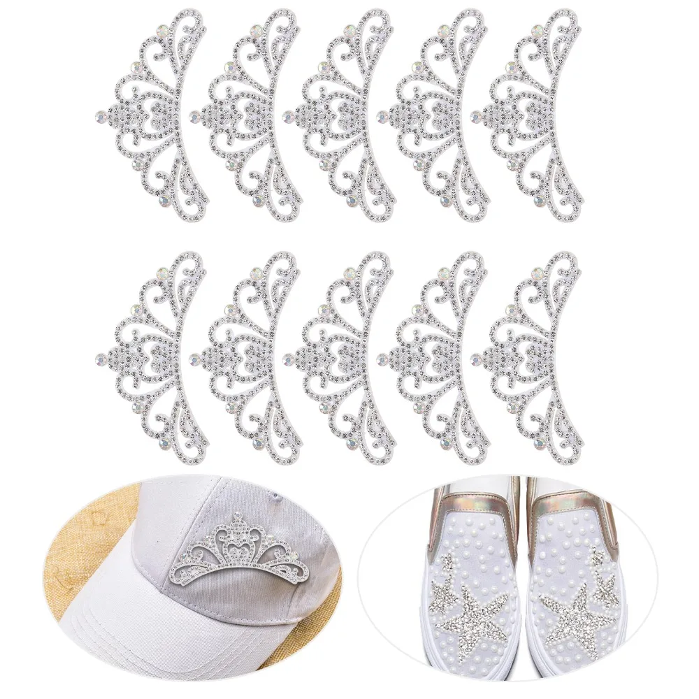10pcs 8.3x4.5cm Rhinestones Cloth Applique Rhinestone Studded DIY Decoration Crown Shaped Patches White Self Adhesive