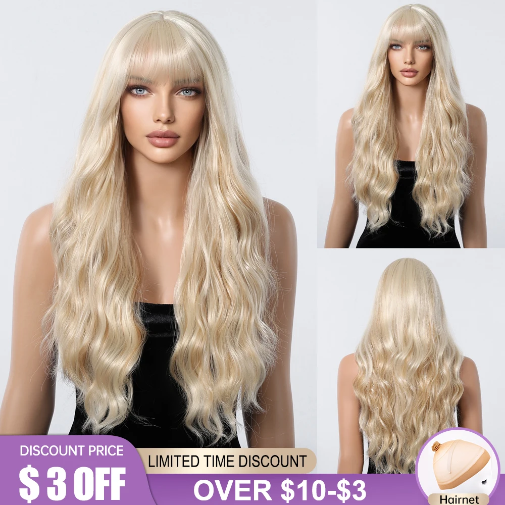 

Synthetic Mixed Golden Platinum Blonde Long Wavy Wigs with Bangs for Women Heat Resistant Fibre Fake Hair Cosplay Party Use Wig