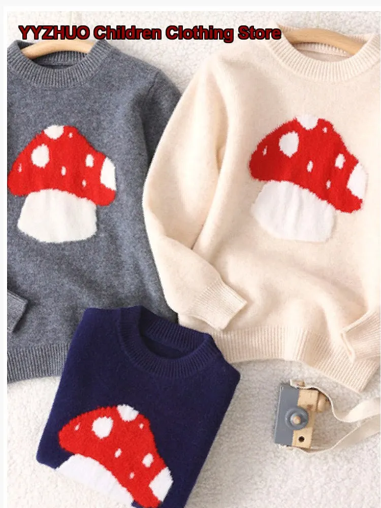 Girls Cartoon Mushroom Embroidered Knit Top Girls Autumn Cute Cartoon Innerwear Newborn Kids