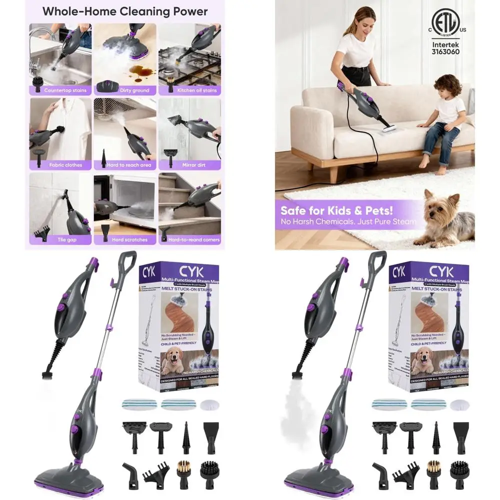 

All-in-One Purple-Grey Steam Mop: 12-Function Handheld Cleaner for Floors, Hardwood, and Tiles
