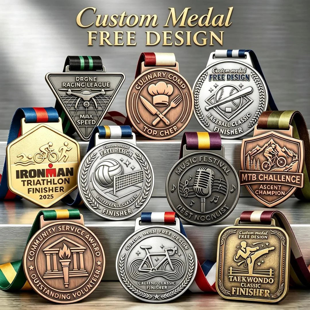 Personalized Metal Medal Free Design 3D Embossed Baseball Triathlon Volleyball Taekwondo Volunteer Commemorative Ribbon