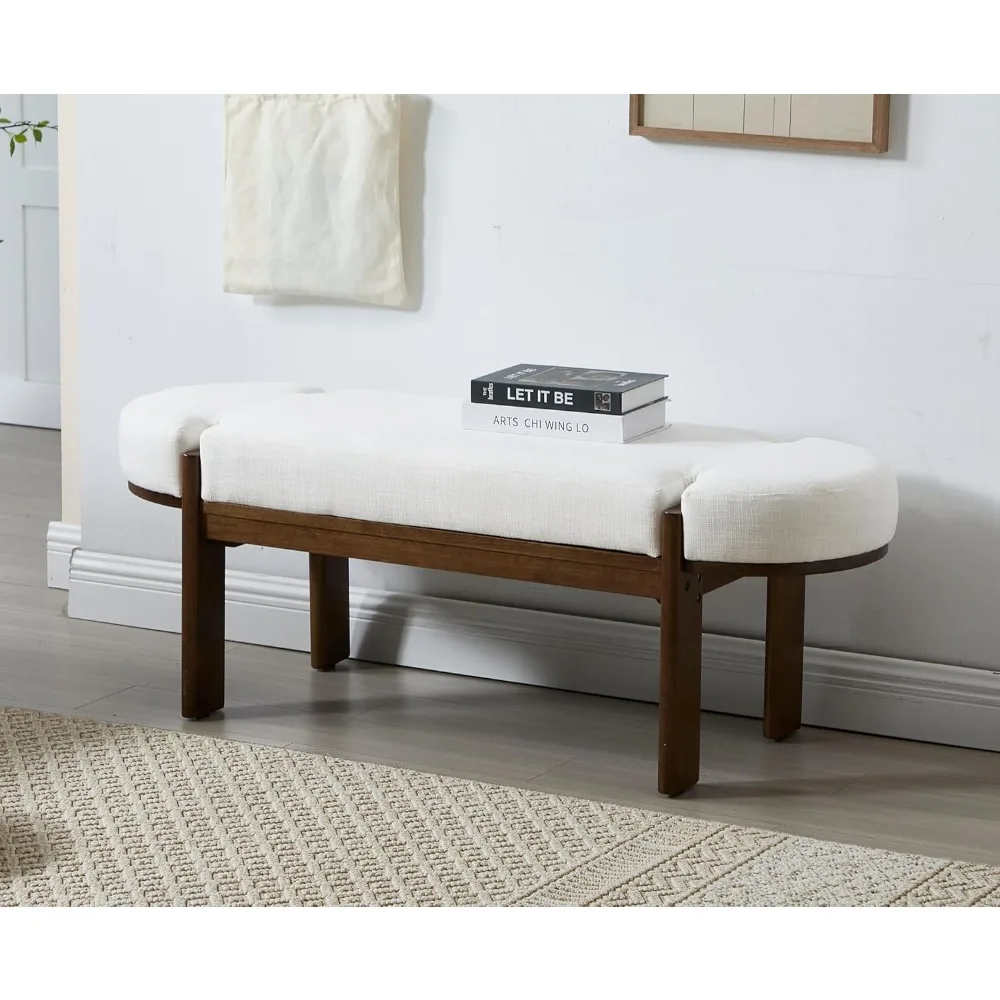 مقعد غرفة نوم حديث مقاس 49 بوصة، نهاية منجدة من مقعد السرير، مقعد مدخل خشبي مع مقعد مبطن من الكتان وأرجل خشبية من خشب الجوز #4