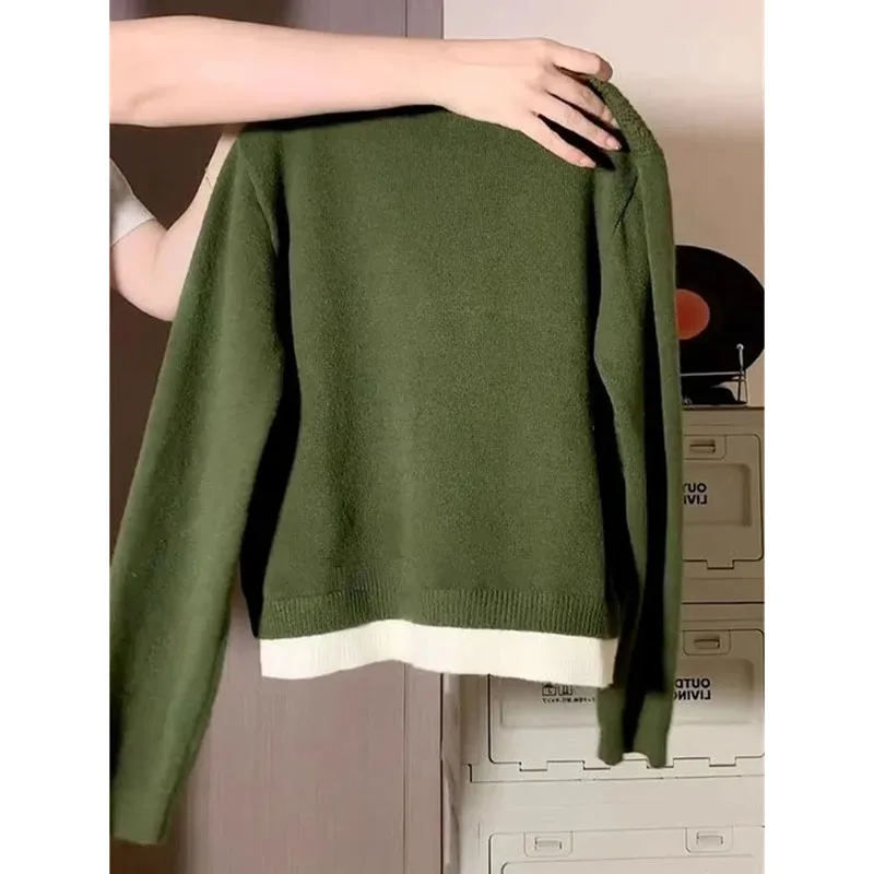 French Retro Women's Fake Two-piece V-neck Sweater Coat 2025 Spring Female Fashion Cardigan Lace-up Design Sense Sweater Top