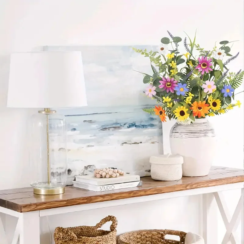 3 uds 50cm Mini Margarita hojas de eucalipto decoración de mesa de fiesta de boda arreglo de ambiente de primavera flores artificiales