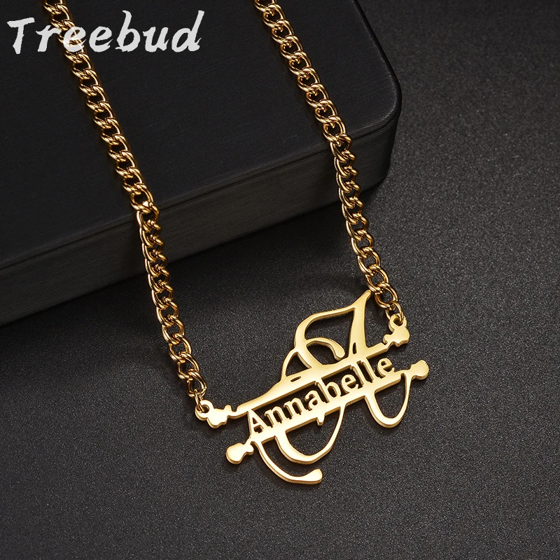 

Treebud Customized Name Necklace Stainless Steel Cuban Chain Personalized Capital Letters Pendant for Men Women Jewelry Gifts