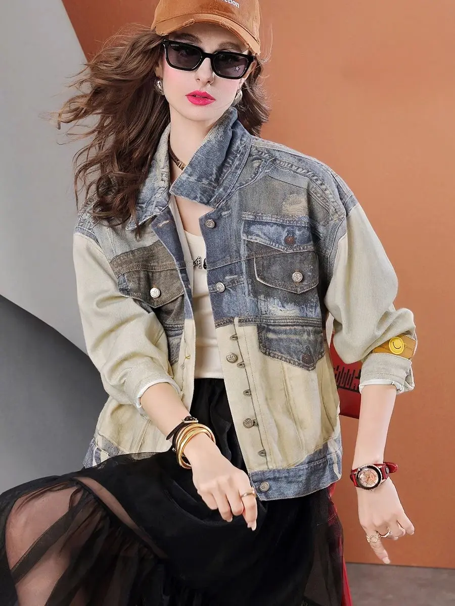 

Contrast Color Stitching Women's Denim Coat Loose Casual Long-sleeved Jacket Top for women