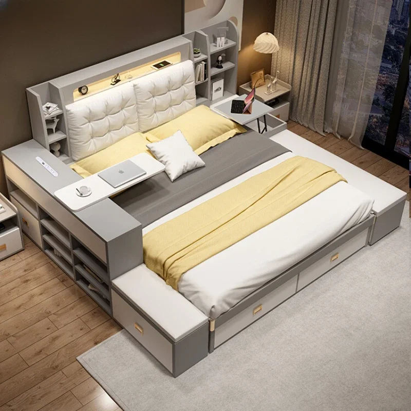 

Queen Bedroom Bed Frame Under Storage High End Luxury White Double Bed Frame Salon Multifunctional Cama Casal Room Furniture