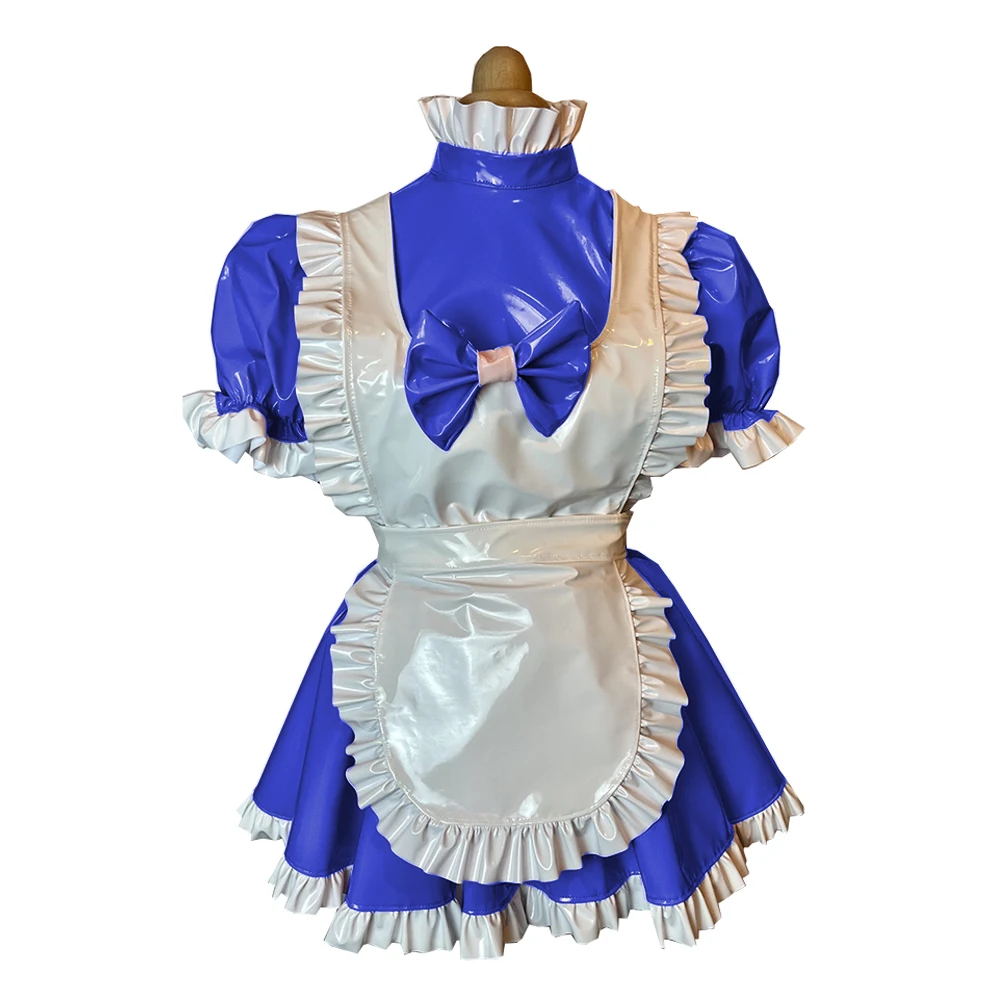 Sweet Ruffles Turtleneck A-line Maid Dress with Apron,Vinyl PVC Leather,Party Cosplay, Maid Uniforms,Halloween Role Play Outfits