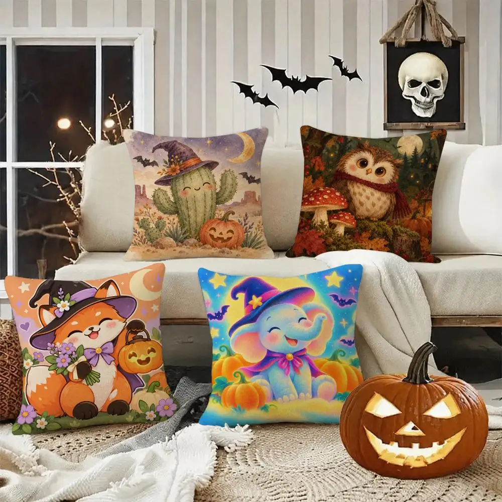 Midnight Spooky Animals Cushion Cover Halloween decoration trick or treat cushion cover, ghost, pumpkin head, bat decoration