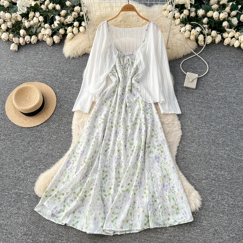 

Женский комплект из двух предметов, весна-лето 2026, новые милые темпераментные платья трапециевидной формы без рукавов с цветочным принтом, белое тонкое вязаное пальто