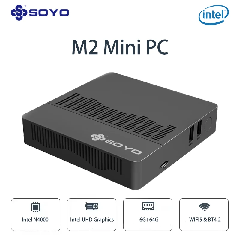 SOYO M2 Mini PC Intel Celeron N4000 CPU 6G RAM 64G M.2 SSD HDMI+VGA USB3.0 Win10Pro Desktop Portable Computer WiFi Bluetooth 4.2