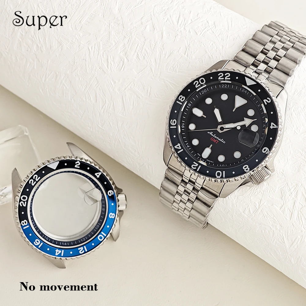 NH35 42mm GMT Watch Case For NH35 NH34 Movement 28.5mm Dial Bidirectional rotating 24H Glass Bezel No Click Men Mod Watch Parts
