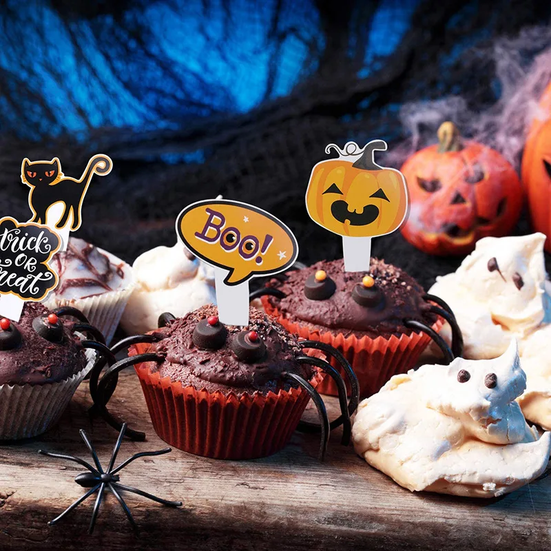 16/48pcs Halloween Cupcake Toppers Cartoon Pumpkin Ghost Bat Cake Dessert Decoration Kids Halloween Birthday Party Supplies Gift