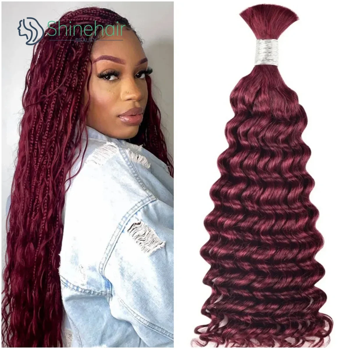 ขายส่ง 100% Human Hair สําหรับ Boho Braids ไม่มี Weft 99j Burgundy Deep Wave Hair Extensions สําหรับ Braiding บราซิล Remy ผม