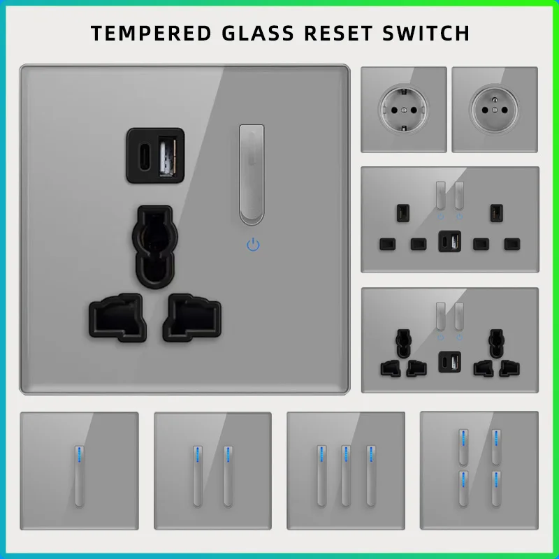 

Wall lamp toggle retro switch panel 1-4 Gang2Way EU gray tempered glass international antique switch socket with USB C charging