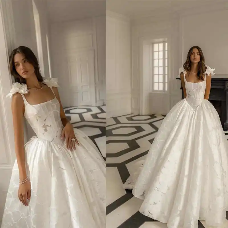 Элегантные кружевные свадебные платья принцессы трапециевидной формы, винтажные свадебные платья с квадратным вырезом, атласный халат без рукавов по индивидуальному заказу De Mariée