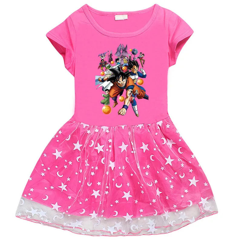 2023 Dragon Ball New Cotton Fashion Casual Korean Girls Dress Half-sleeved Cartoon Star Mesh Short-sleeved Princess Dress