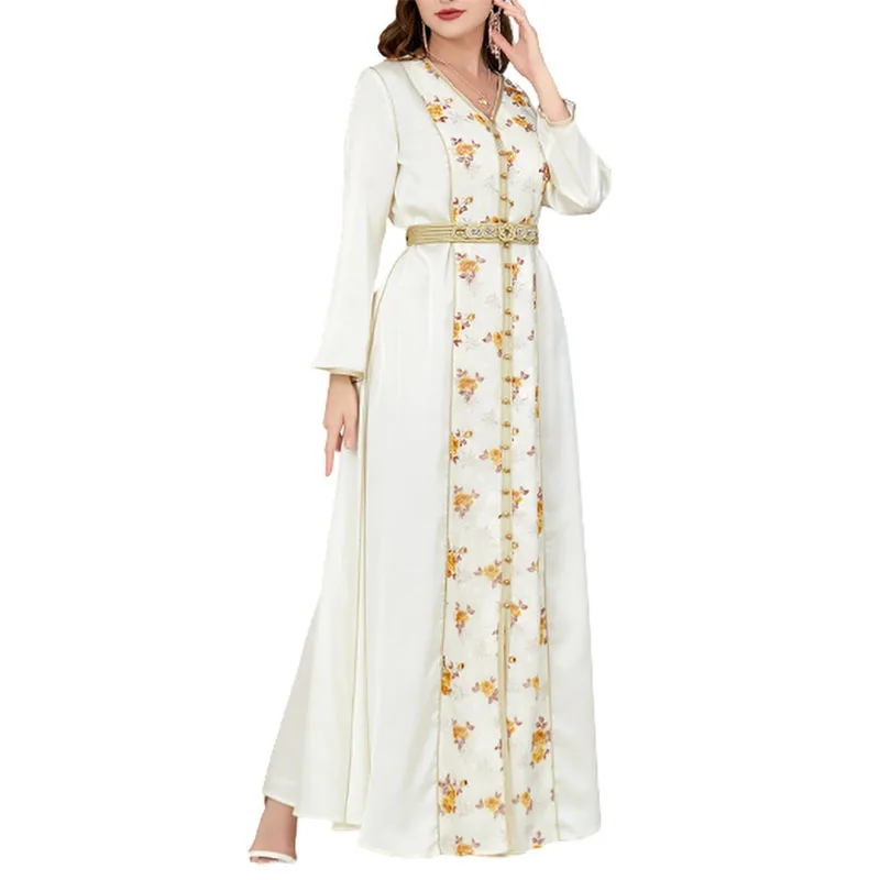 

Abaya Dress Summer Elegant Muslim Women Long Sleeve V-neck White Black Polyester Long Dress Muslim Fashion Abaya M-2XL