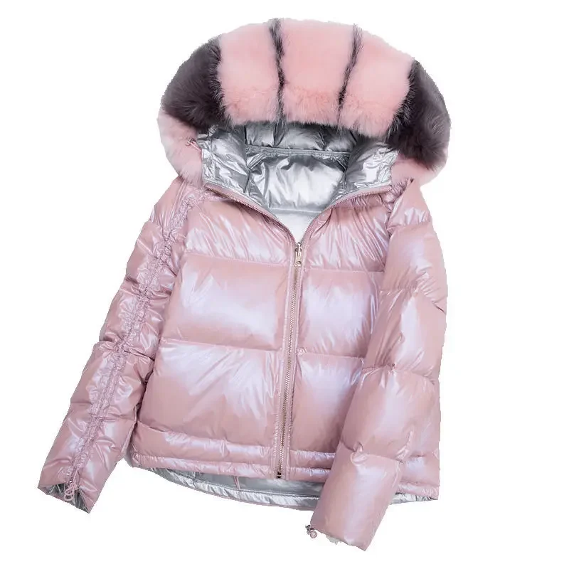 Chaqueta de algodón de doble cara para mujer, Parkas cortas con cuello de piel, Abrigo acolchado impermeable cálido, ropa de invierno