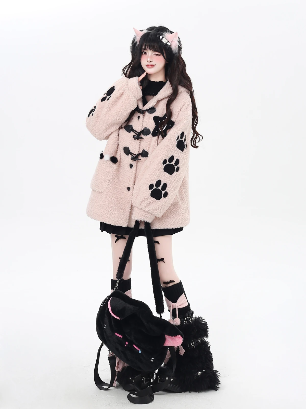 Winterkleding Losse middellange schattige kattenpootborduurwerk Warm roze lamswollen katoenen jas met capuchon voor dames