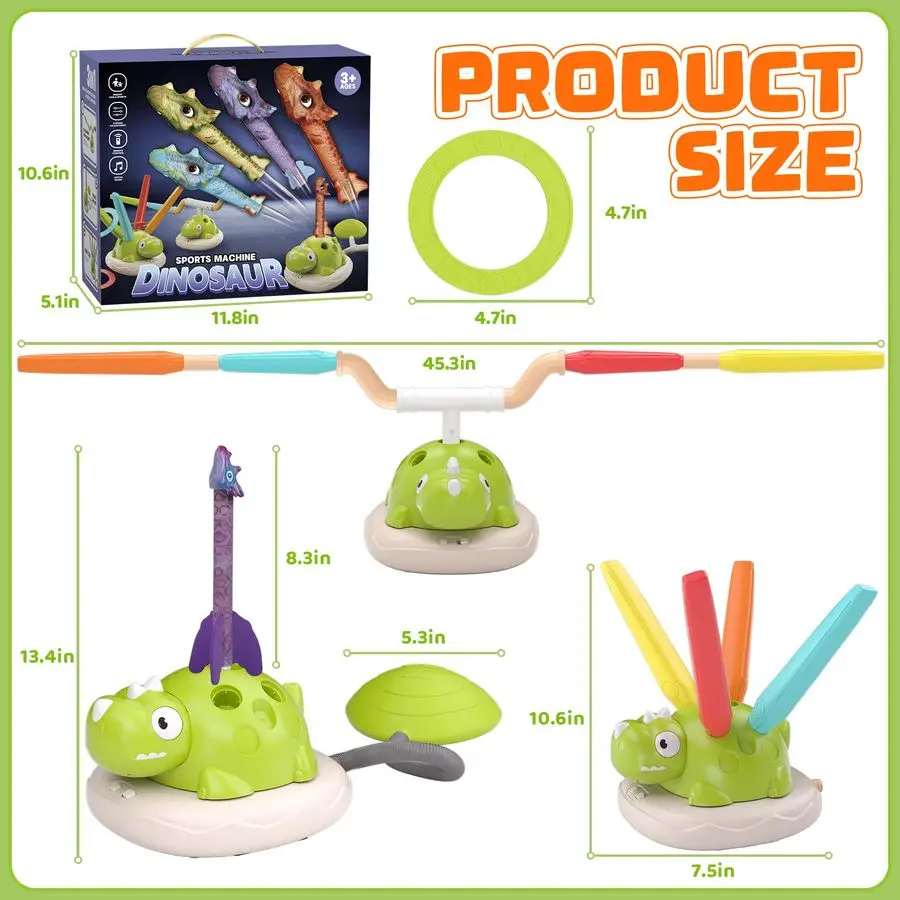 3 in 1 Dinosaur Musical Jumping, Toss Ring and Stomping Launch Rocket Launcher, Indoor amp Outdoor Sports Toys with Remote Contr