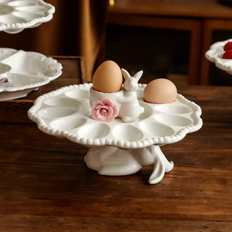 Handmade Flower Rabbit Egg Plate Holder, Decorative Egg Holder for Breakfast Wedding Celebration Table, Wedding Egg Plate & Gift