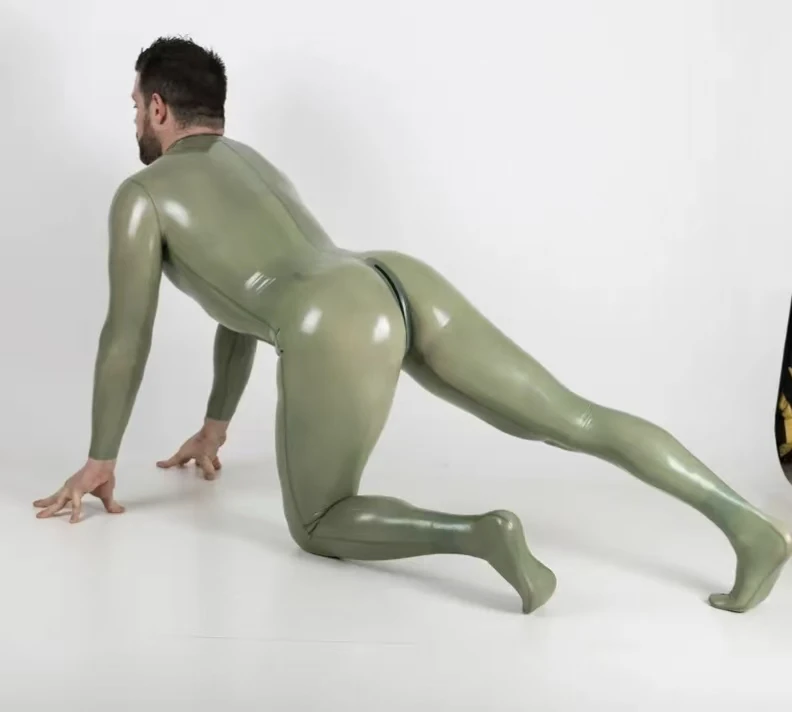 Handmade Latex Male Muscle Neck Entry Catsuit Crotch Zip Latex Jumpsuit Rubber Overall Bodysuit Attached Socks Cosplay Costume