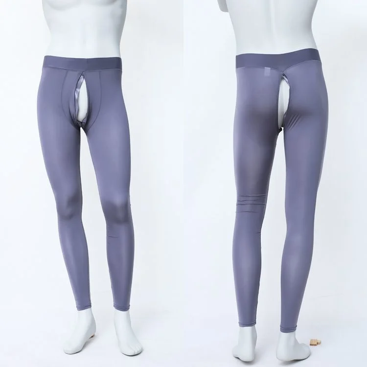 Invisible Zipper Open Crotch Ultra-thin Leggings Mens See Through Sexy Ice Silk Transparent Tight Pants Underwear