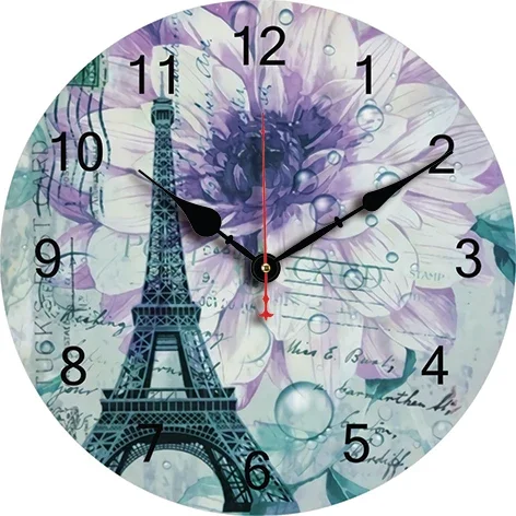 Vintage Flower Eiffel Tower Custom Large Clock Living Room Home Decor Round Quartz Wall Clock Children Bedroom Wall Decoration