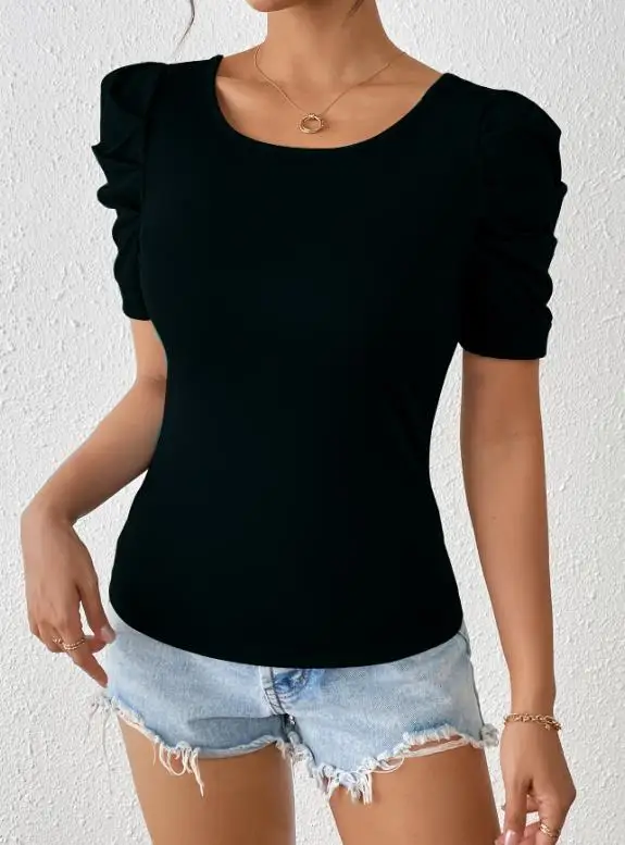Top Women 2026 Spring Summer New Solid Color Beading Bow Decor Slim Fit Round Neck Short Sleeve Versatile Basic T-Shirt Top